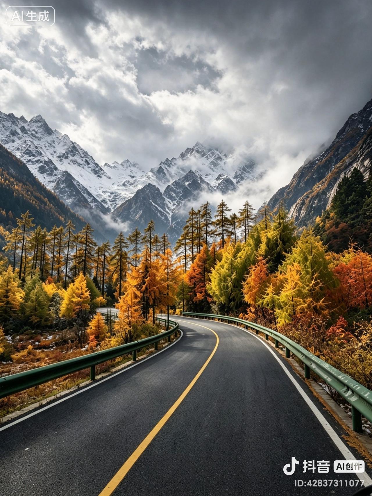 公路蜿蜒奔向雪山，彩林晕染金秋，云雾绕群峰，尽览山河浪漫。
