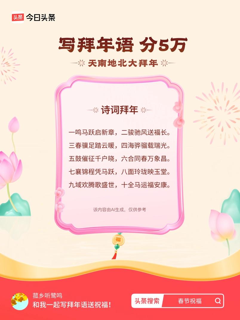 写拜年语送祝福新春拜年送祝福！我的祝福是：“一鸣马跃启新章，二骏驰风送福长。三春