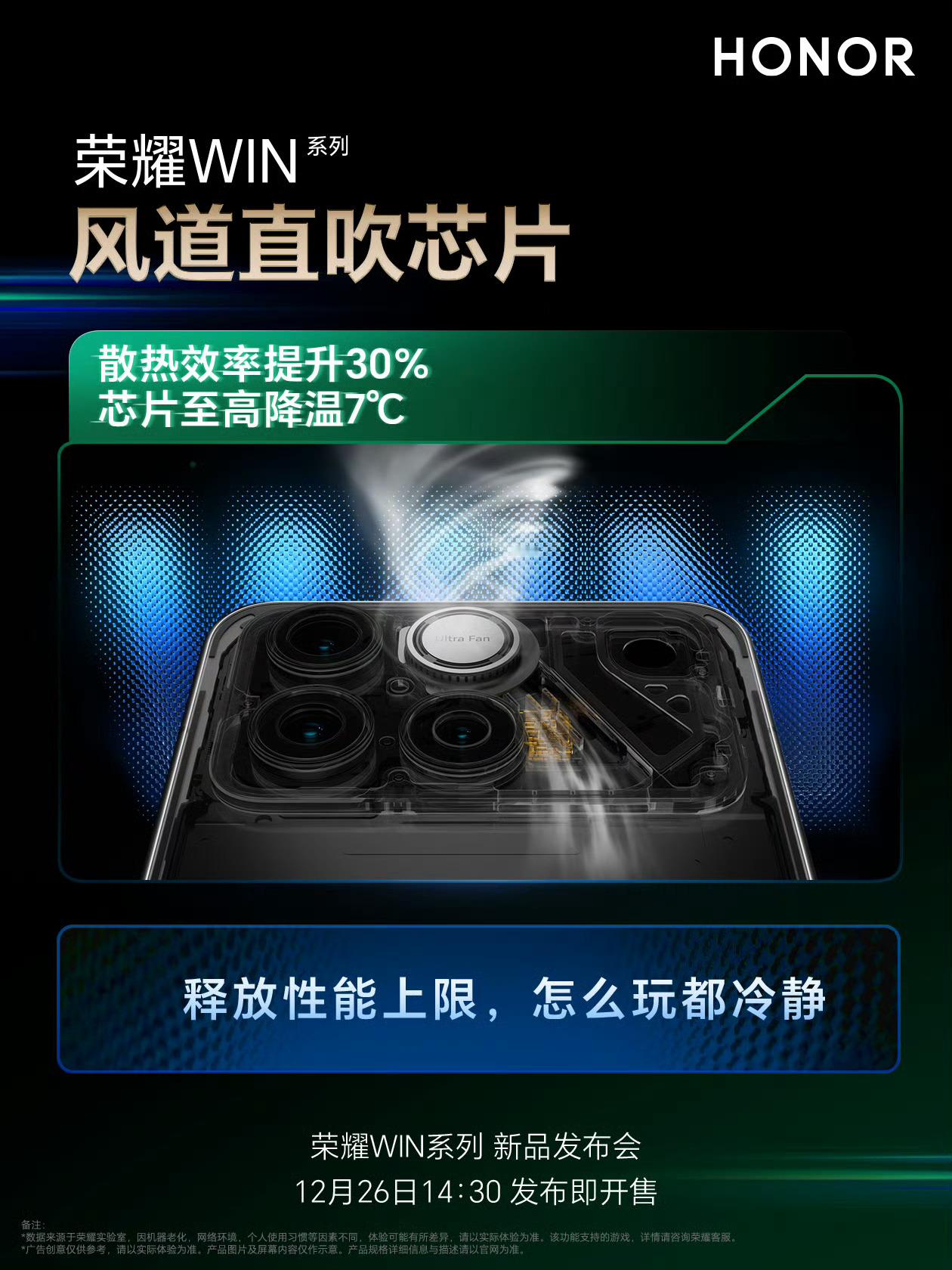 荣耀WIN这个独立风扇转速为25000转，这个散热效率，连玩还真不担心会烫手。数