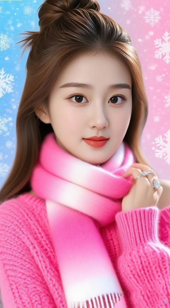 冬日暖阳下的甜美少女，粉色毛衣与围巾相得益彰，温暖如春。