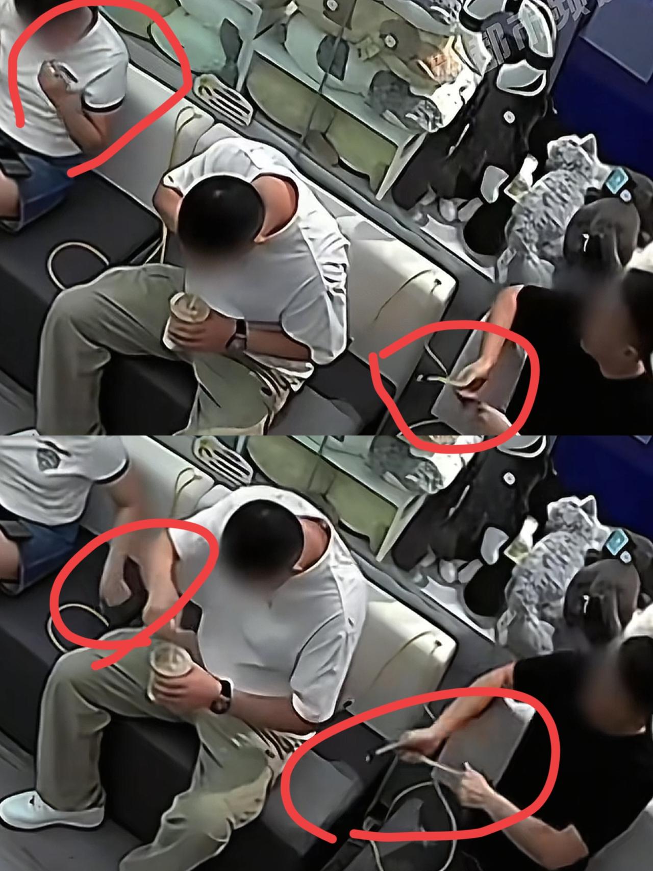 一家小小的手机店居然同时出现两个天生坏人，一个人把店家的数据线掰断，一个把吃完的