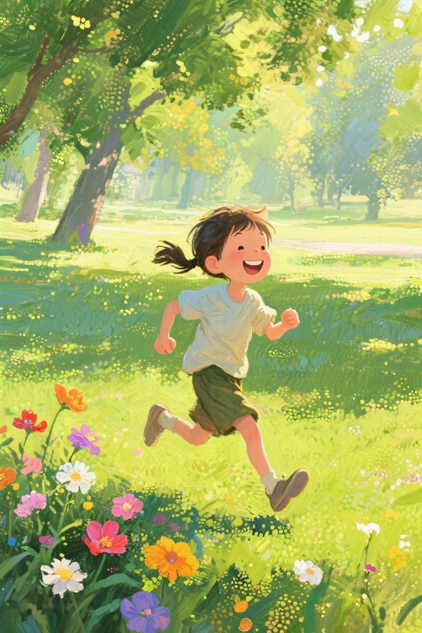 AI随心绘在繁花簇拥的小径，那孩子欢快奔跑，似追逐着生活里的一抹微光✨