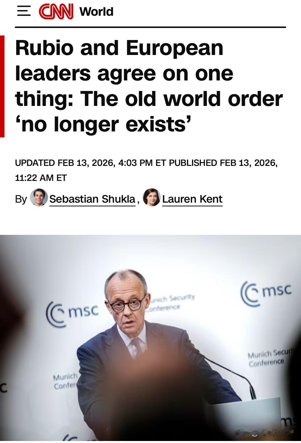 美媒报道称，美国务卿鲁比奥和欧洲领导人达成一致：旧世界秩序“不再存在”。
   