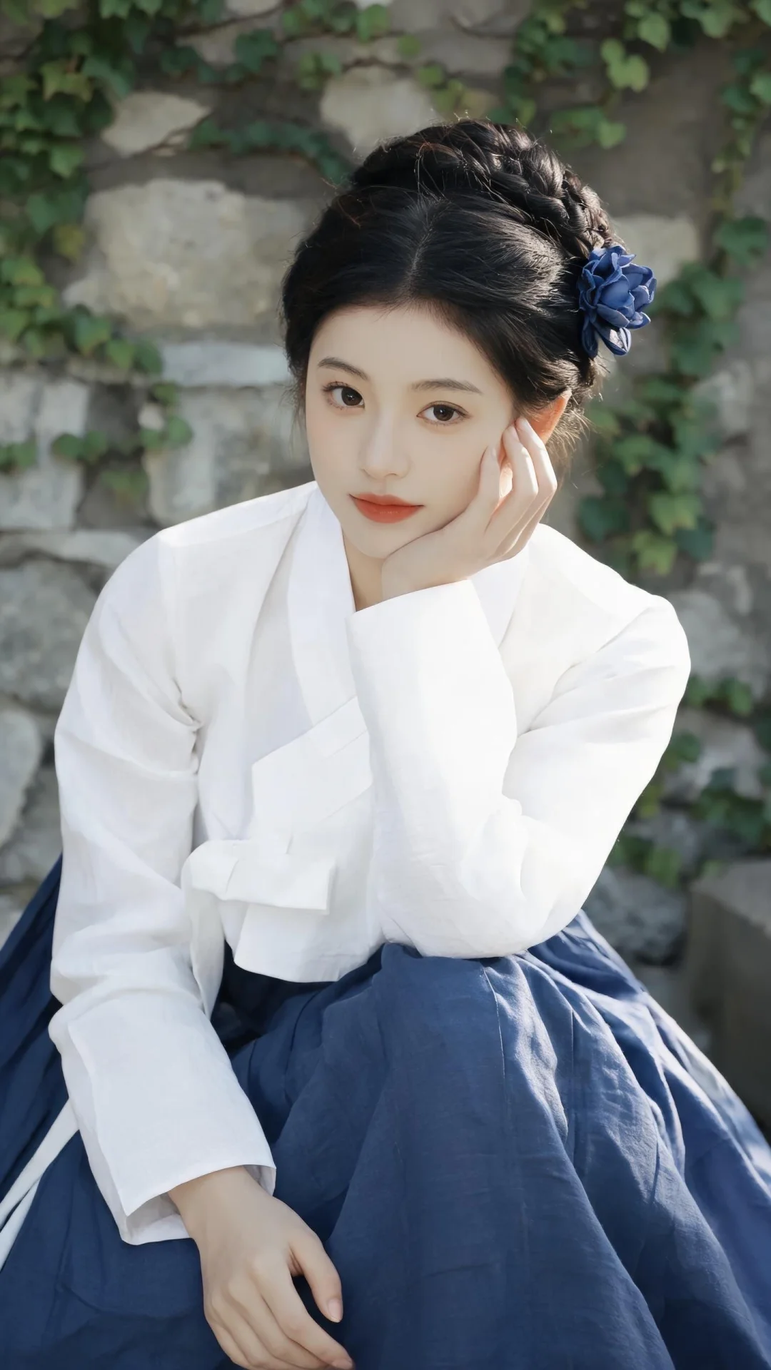 正向形容词 年轻温婉东亚女生，精致淡颜，柔和杏眼，淡橘红唇，乌黑盘发侧...