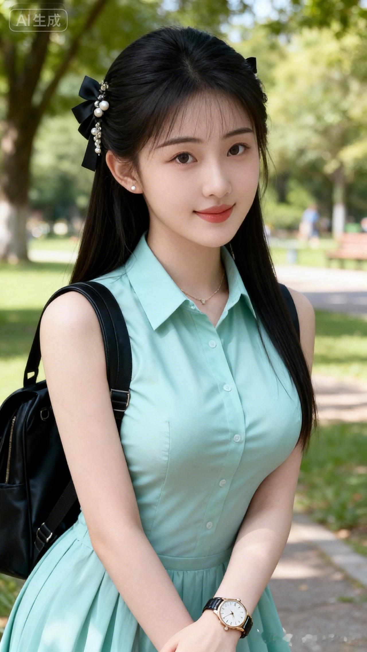 清新校园风，浅绿色连衣裙，搭配黑色背包，少女感满满！🌿💕