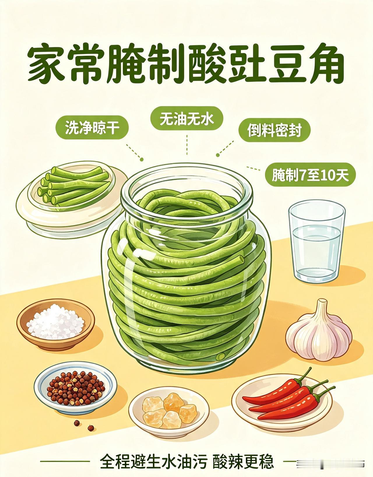 新鲜豇豆洗净，彻底晾干表面生水。准备无油无水干净坛子，豇豆码入坛中。
清水煮沸放