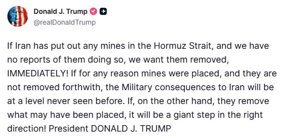 在有报道称伊朗可能已经开始在霍尔木兹海峡布雷后，阿川发帖要求伊朗主动清除，否则伊