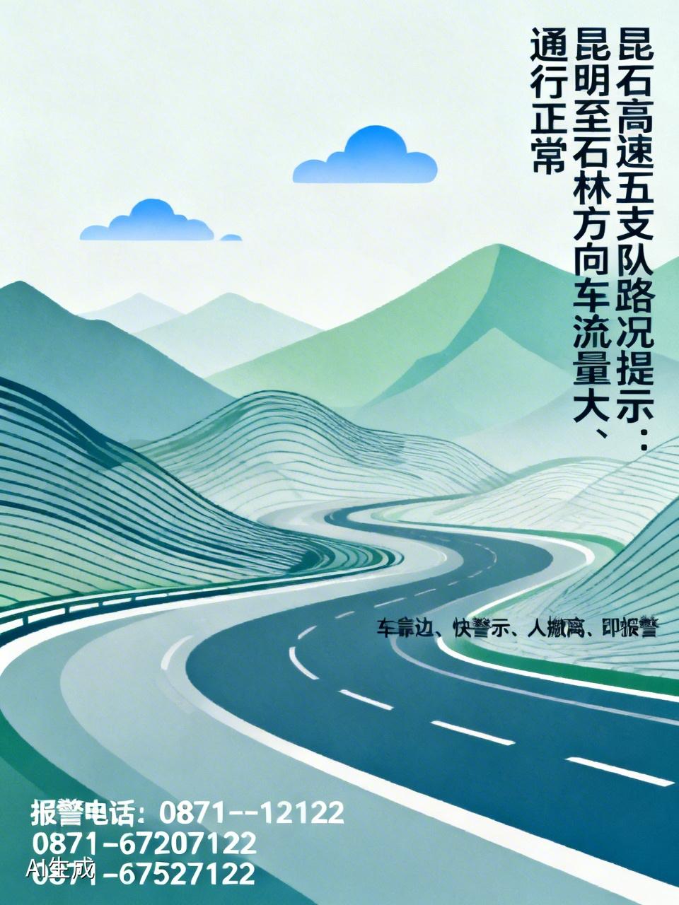 【高速公路实时路况信息】
高速五支队路况提示：昆石高速昆明至石林方向车流量大、通
