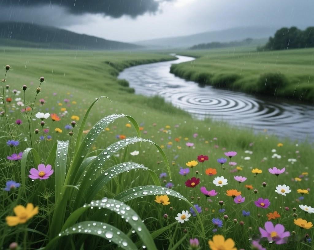 ‌雨落人间：有人湿了衣角，有人拾起星河

雨丝斜织：有人抱头疾行，伞沿滴落的雨珠