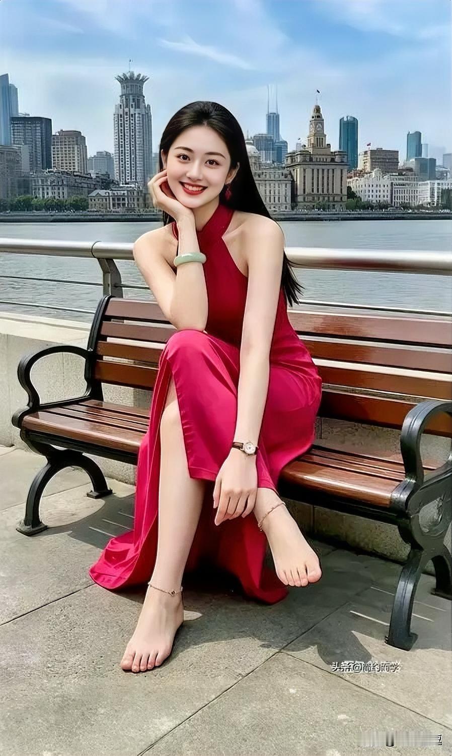 在黄浦江畔，穿一袭红裙，享受阳光与微风。黄浦江畔外滩