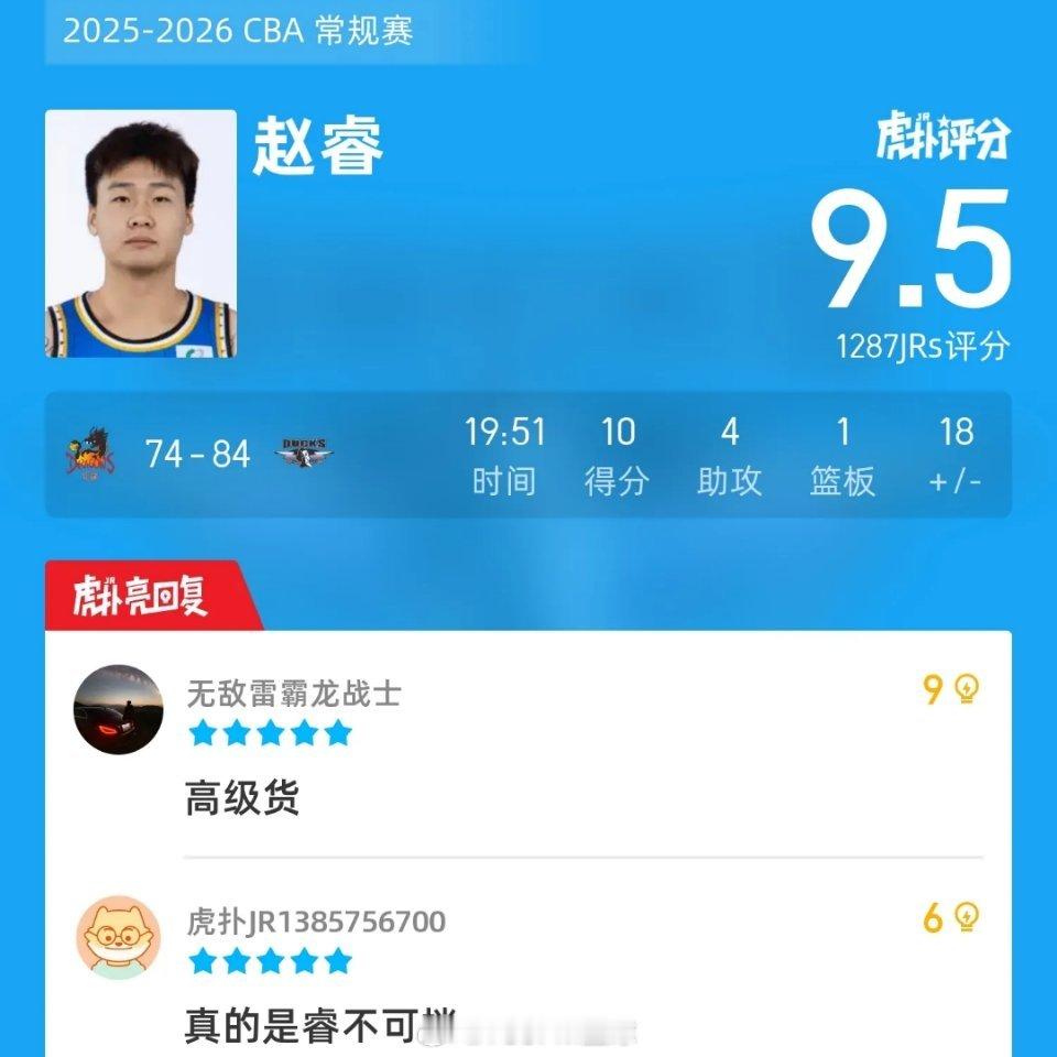 赵睿北京男篮首秀赵睿北京队常规赛首秀对阵江苏贡献10分4助攻1篮板，正负值18。