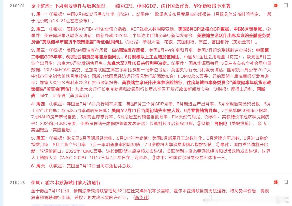金十整理：下周重要事件与数据预告——美国CPI、中国GDP、沃什国会首秀、华尔街