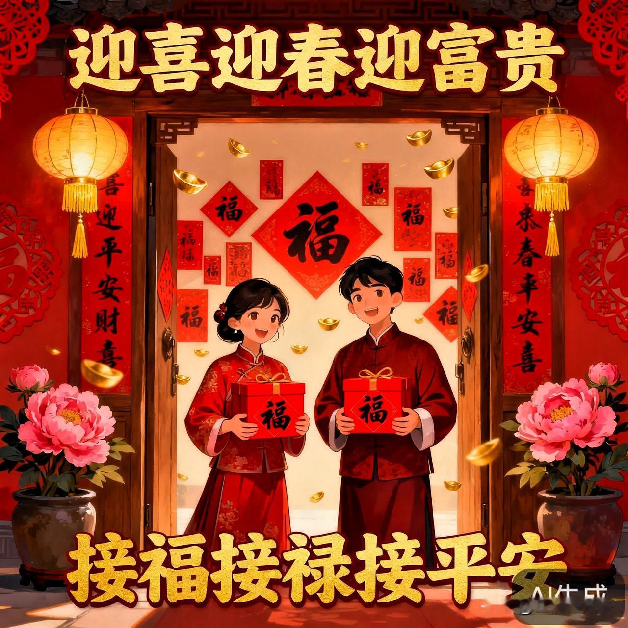 迎喜迎春迎富贵，诚邀下联下联是：接福接禄接平安。这副对联是典型的春节吉祥联，核心