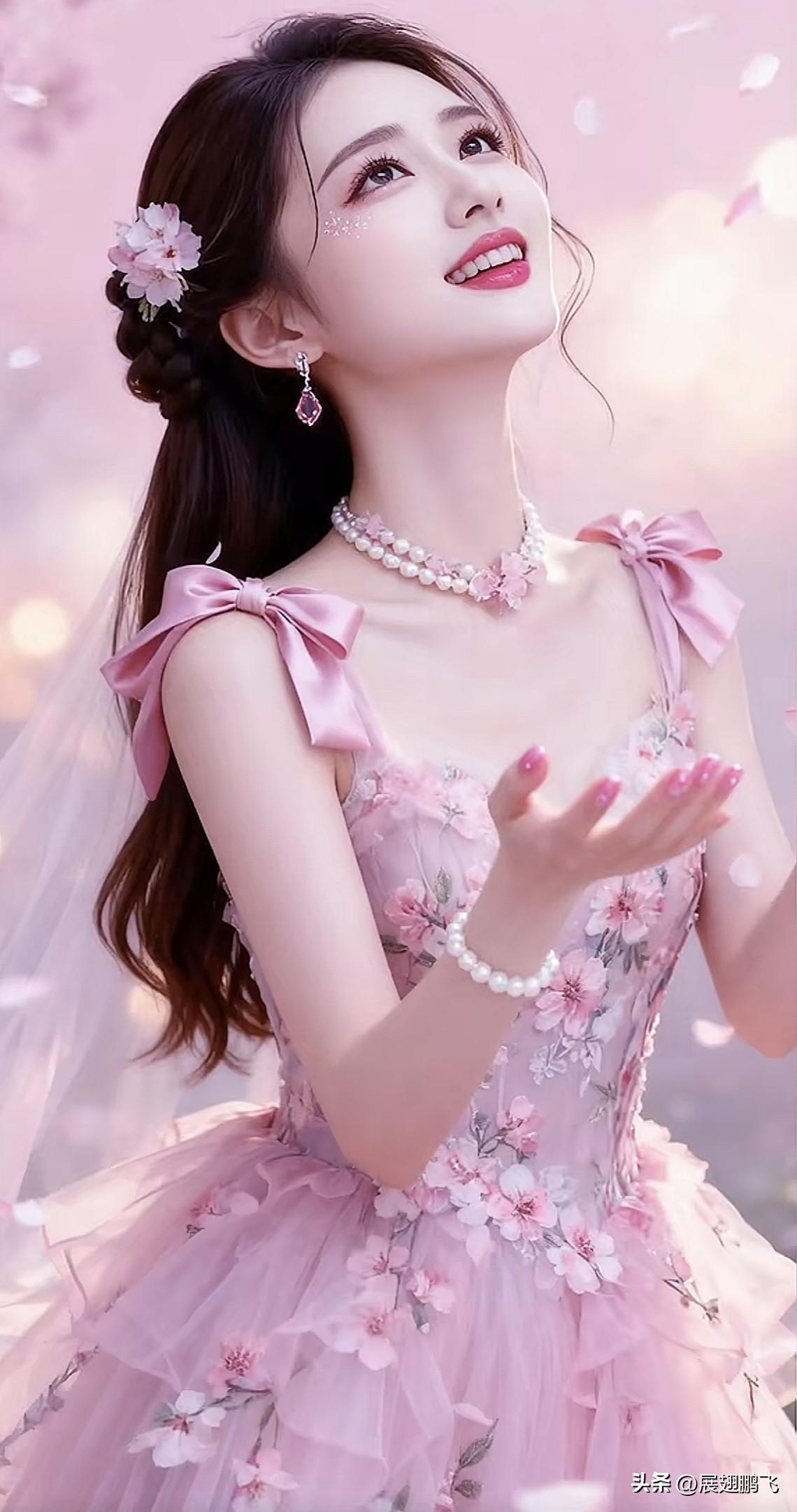 梦幻粉裙少女，甜美笑容，花海中的公主紫色花海少女 温柔花裙少女 粉裙花束少女 温