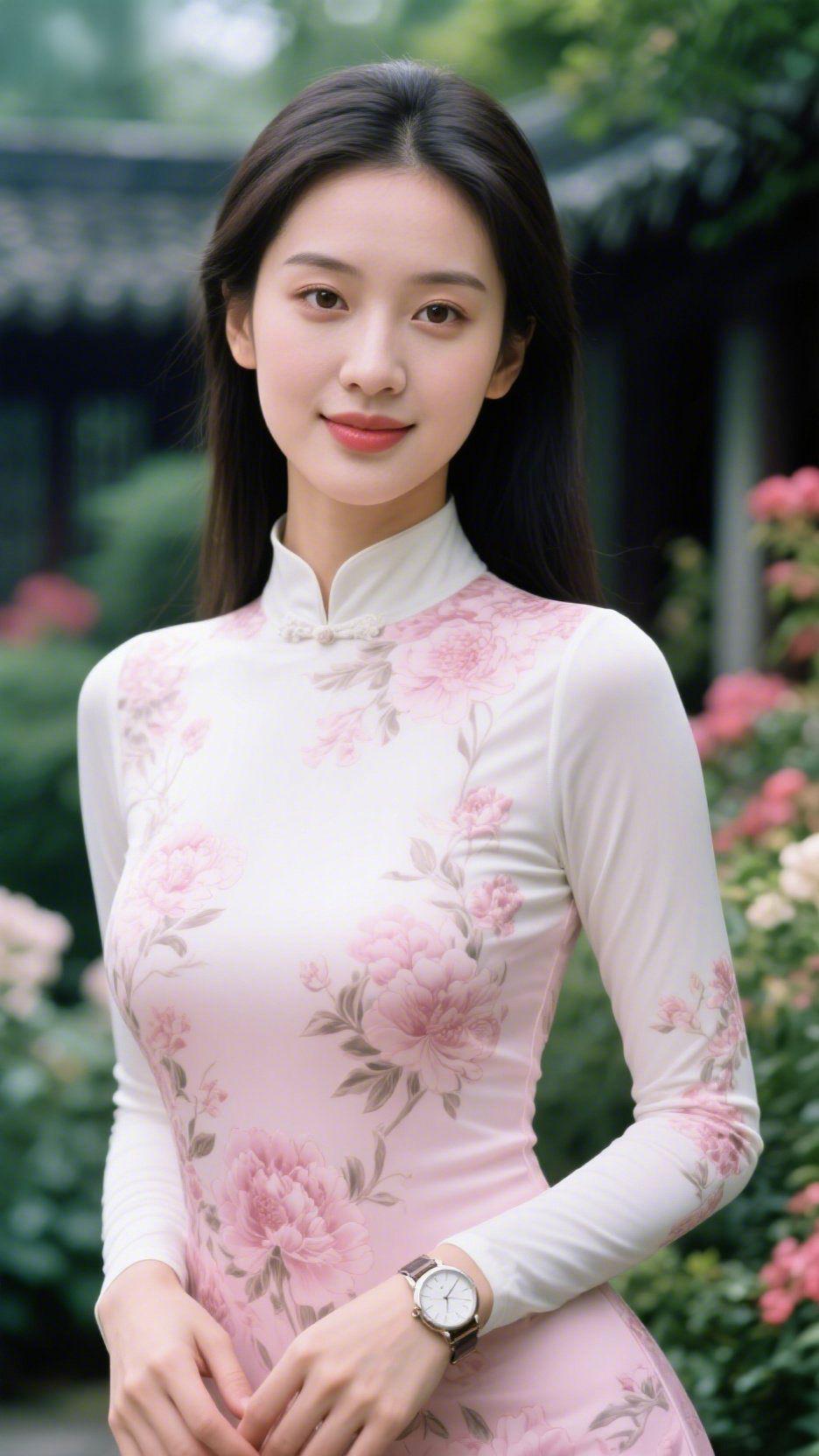 庭园春芳
 
满园晴翠沐春风，黛瓦飞檐隐绿丛。
粉瓣轻舒含晓露，繁枝叠翠缀嫣红。