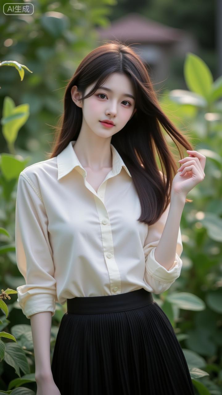 浅夏林间，素衫黑裙太戳审美
 
米白衬衫衬得气质清透，黑百褶裙添了几分柔，风撩起