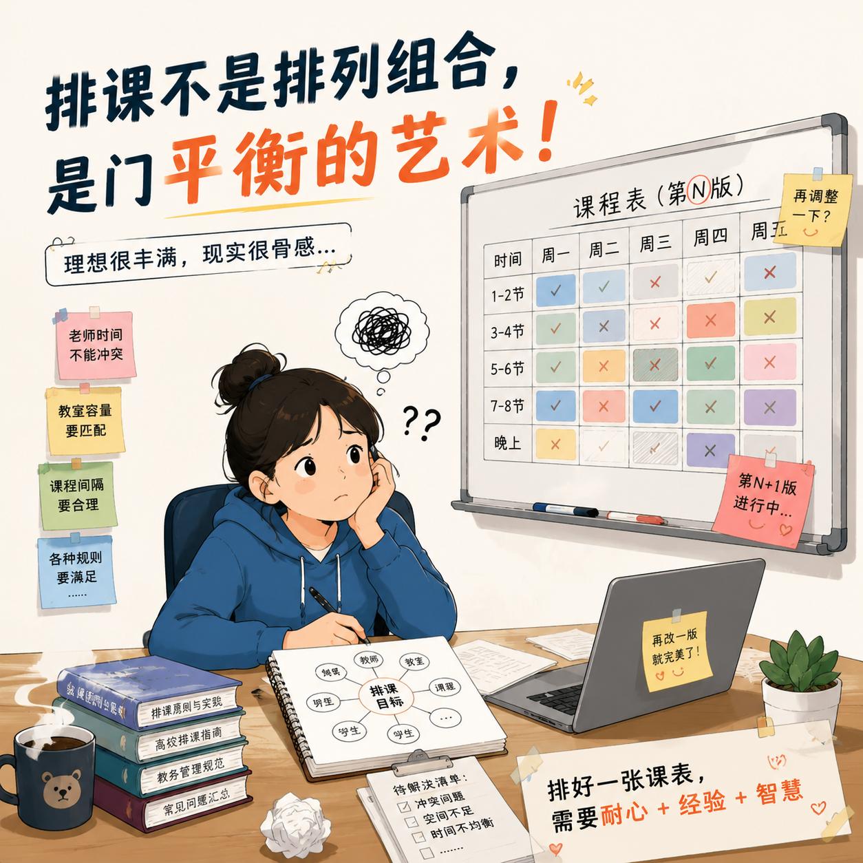 上周和隔壁学校教务聊天，她吐槽所有人都误解排课工作。

在外人眼里，课表就是把课