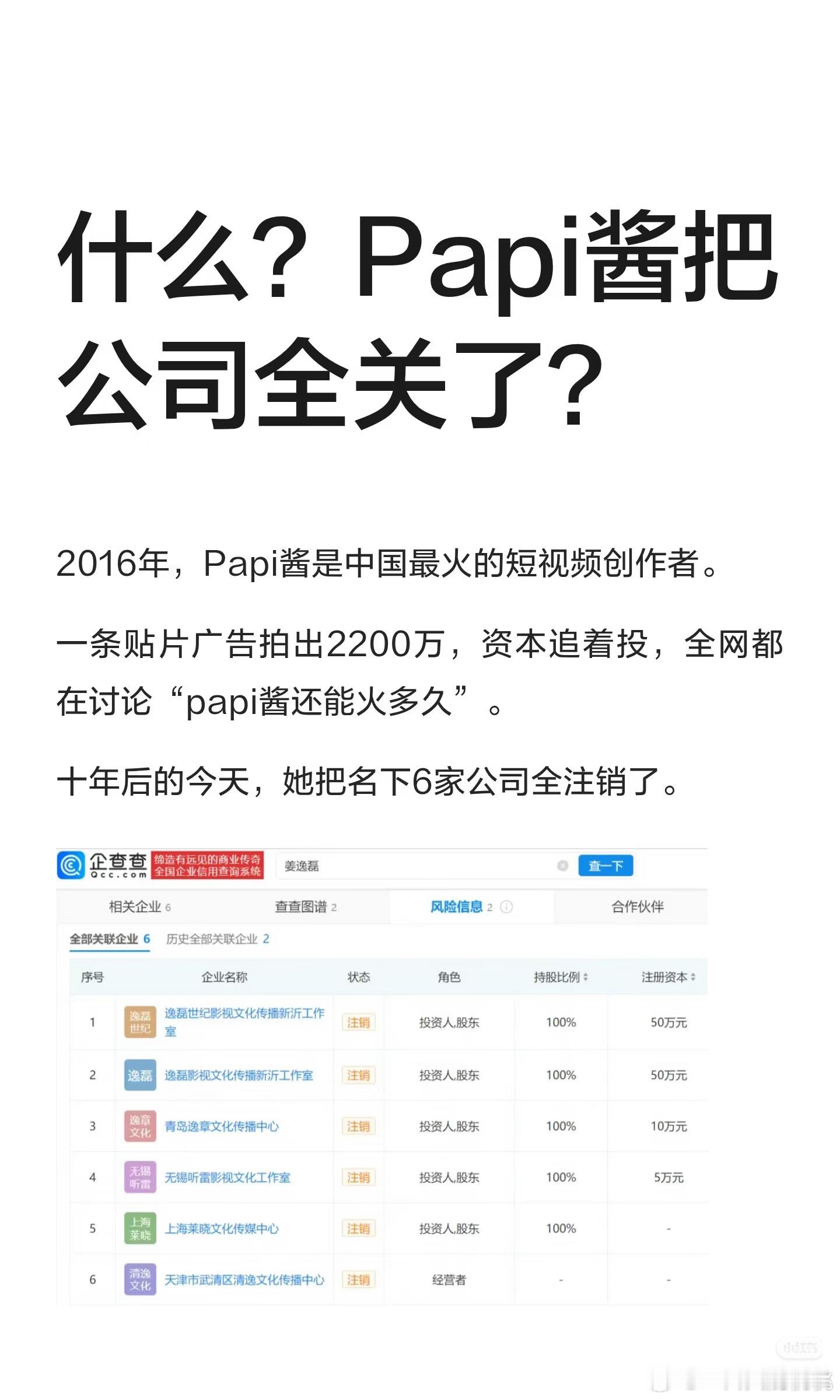 papi酱把名下6家公司全注销了，公司从150人砍到7个人。感觉是瘦身了本质内容