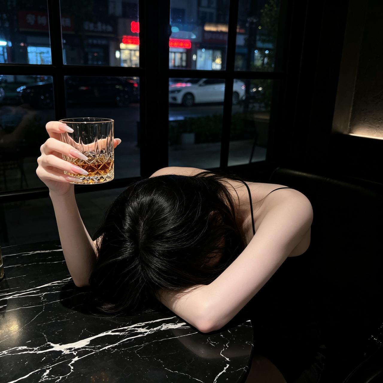 一个人坐在窗边喝着酒，显得很失落。