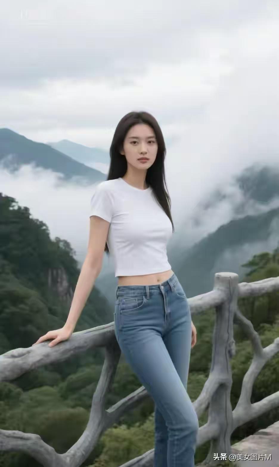 山间佳人
白衫轻衬岫云边，
蓝裤纤腰步翠烟。
一顾倾城惊蝶舞，
风姿绰约胜天仙。