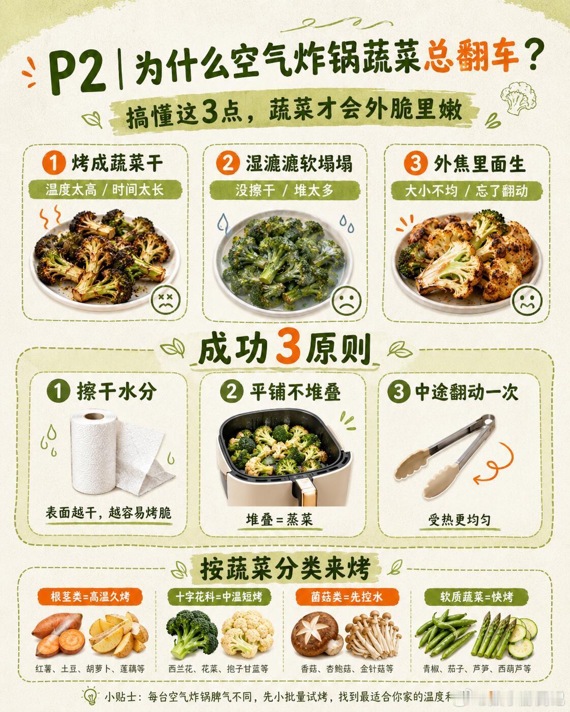一张图看懂空气炸锅蔬菜，0翻车指南很多人用空气炸锅做蔬菜，结果只有三种结局：要么