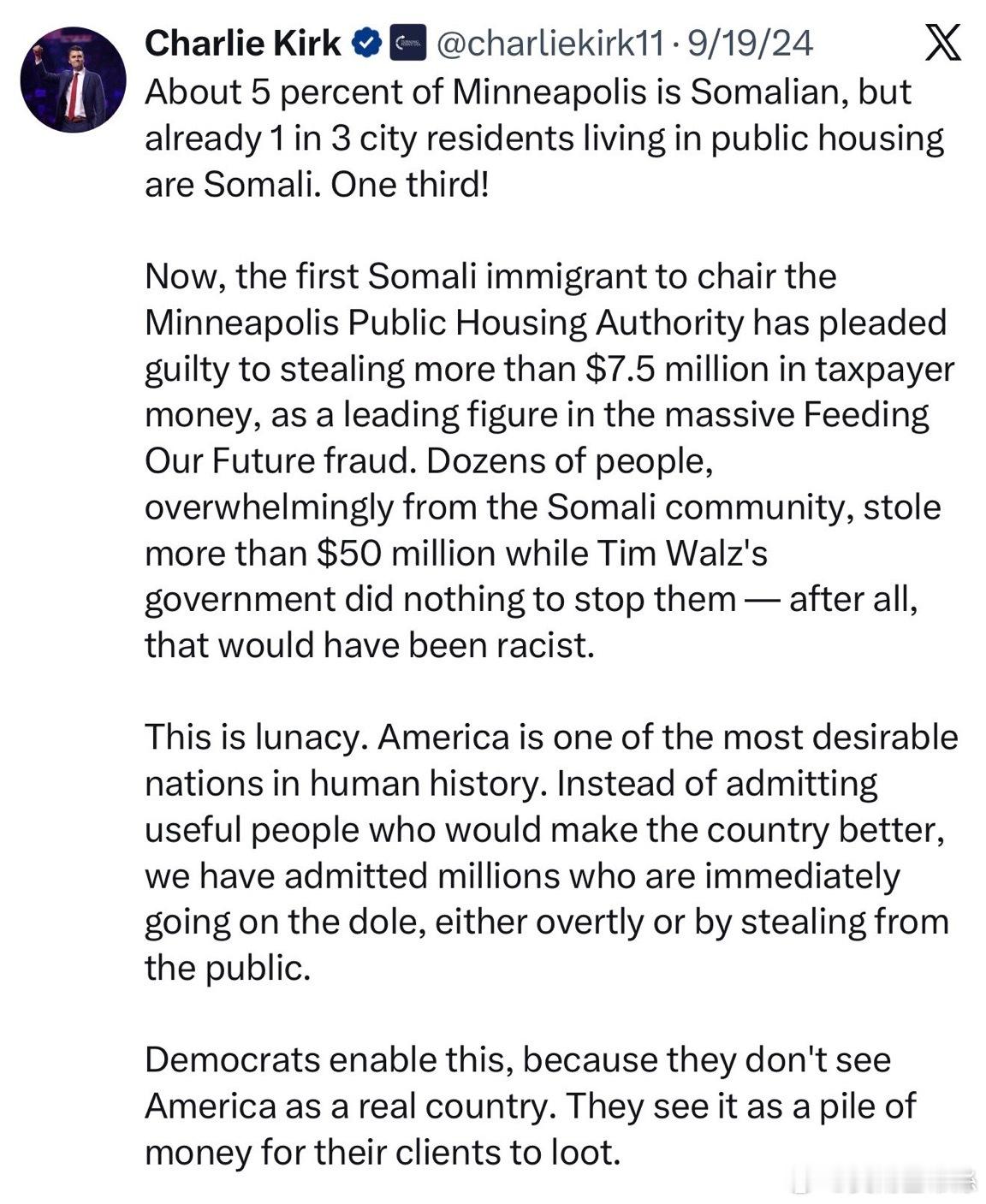 Charlie Kirk早在2024年9月就發帖警告明尼阿波利斯（涉及福利欺詐事