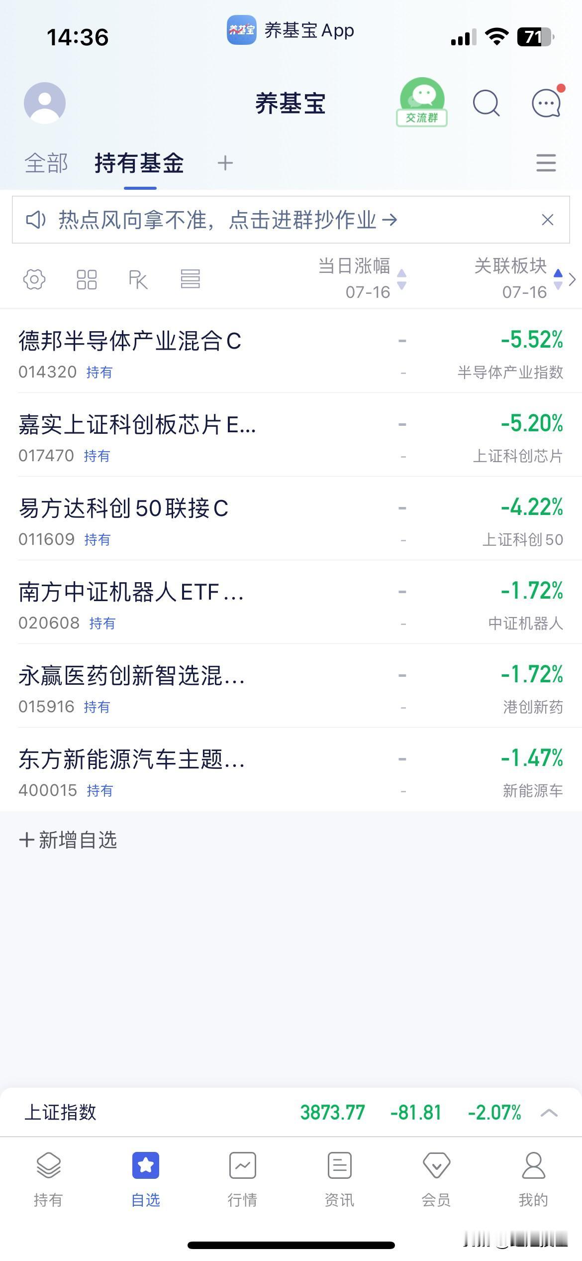 7.16基金操作分享

下午指数一路震荡下行，目前还没有反弹向上，看样子是一跌到
