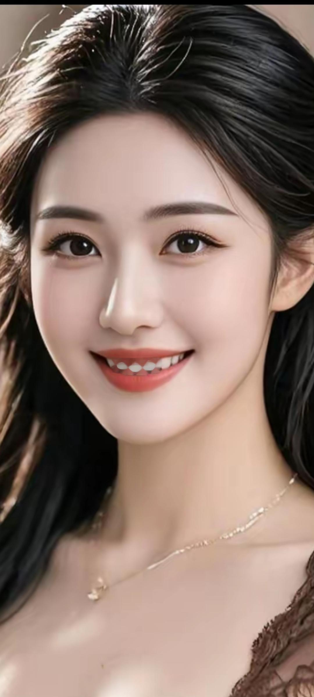 温柔甜美的笑容，自然的光线，精致的妆容，优雅的项链，散发着迷人的魅力。