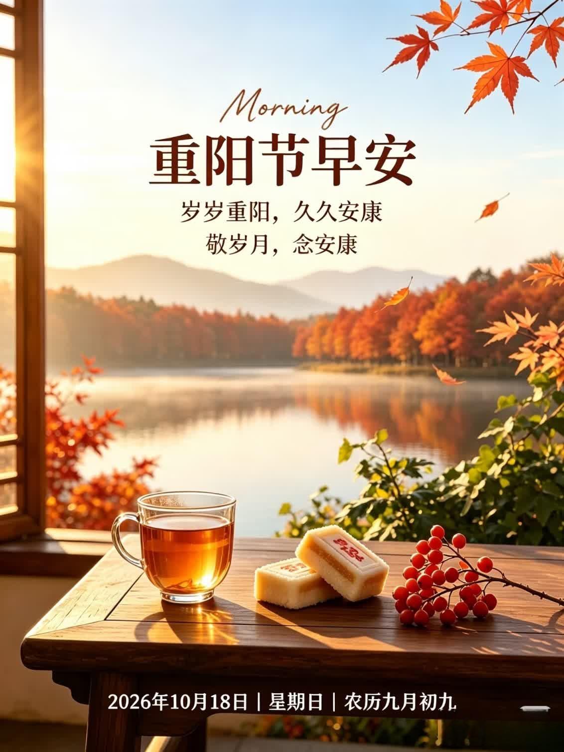 插一支茱萸，念一份安康;
赏一园秋菊，品一段时光。
九九重阳，岁岁安康，
愿时光