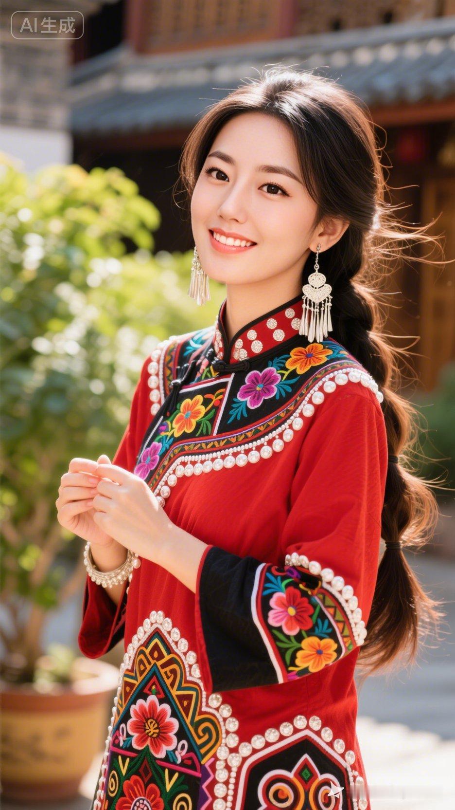 传统民族风，红衣少女笑靥如花！