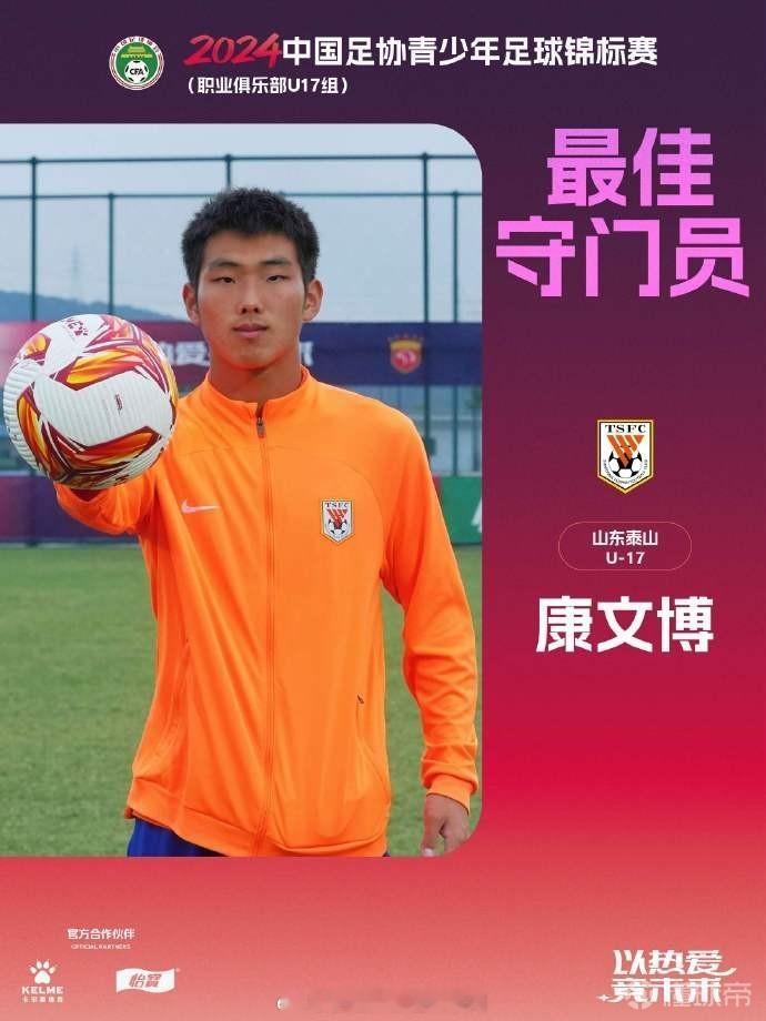 #山东泰山# 北京时间10月28日，U17联赛官方宣布，山东泰山门将康文博当选本