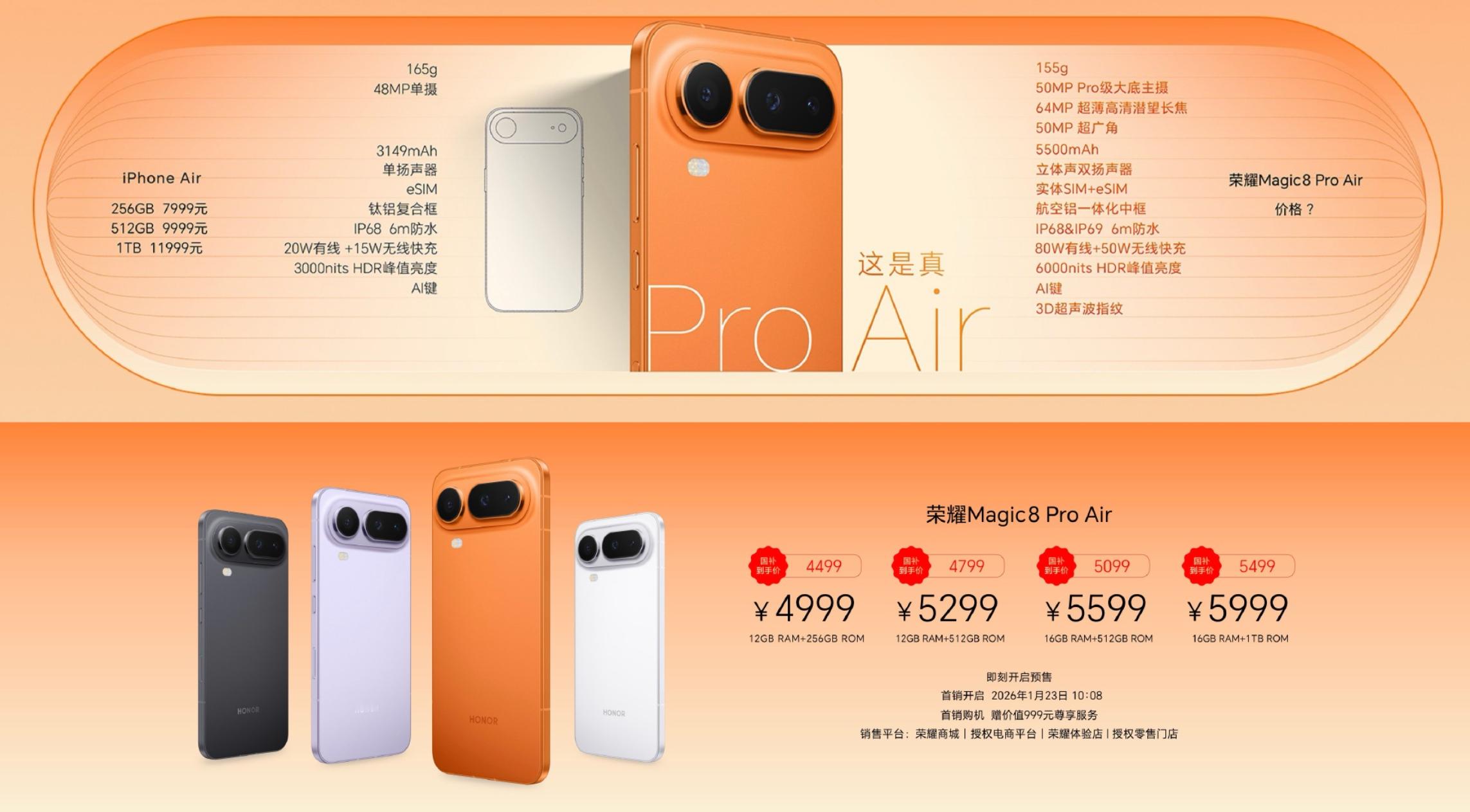 荣耀 Magic 8 Pro Air（这名字长度是不是跟那谁学的…）4999起，