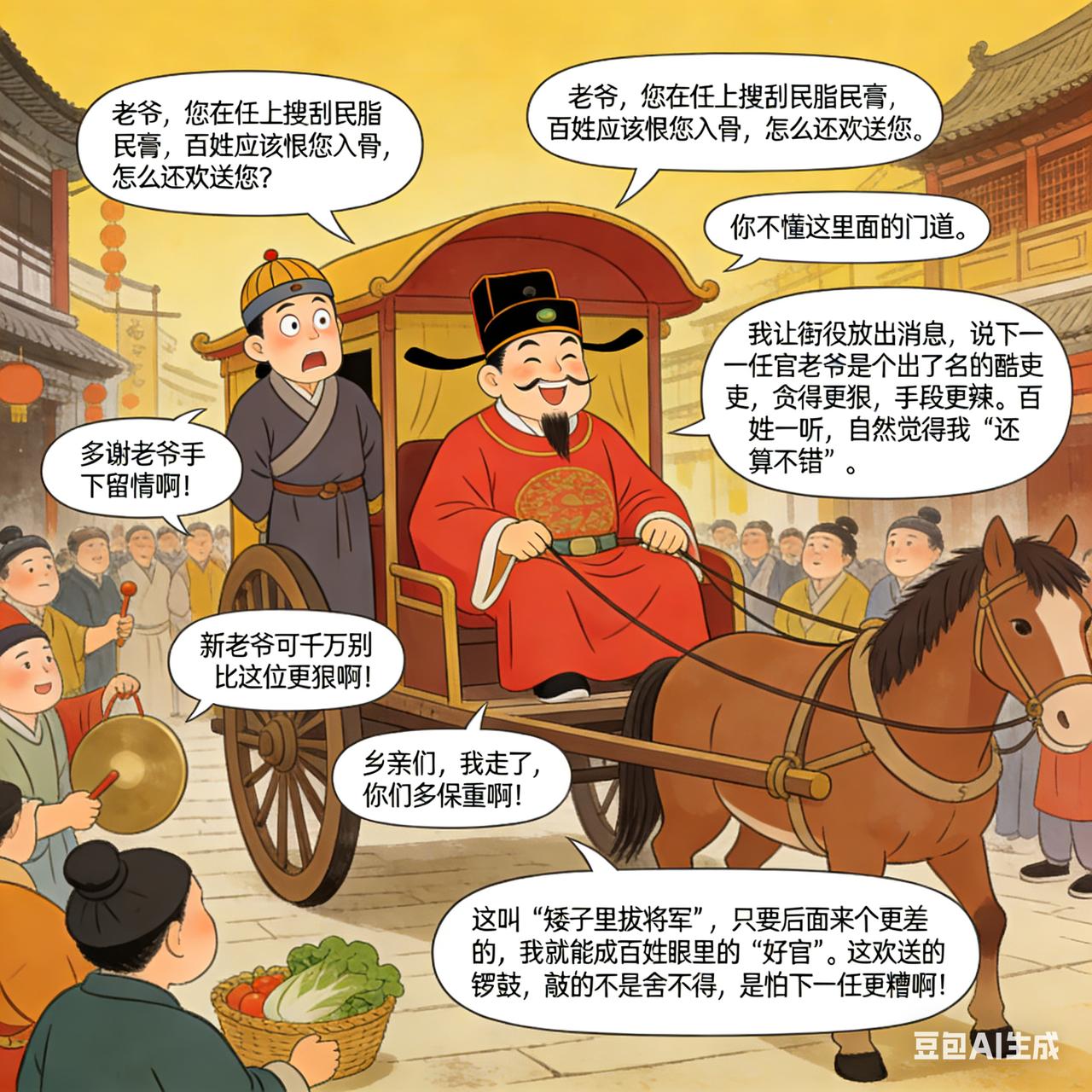 古代贪官搞笑段子

有个贪官卸任离境，百姓敲锣打鼓欢送。

师爷不解：“老爷，您