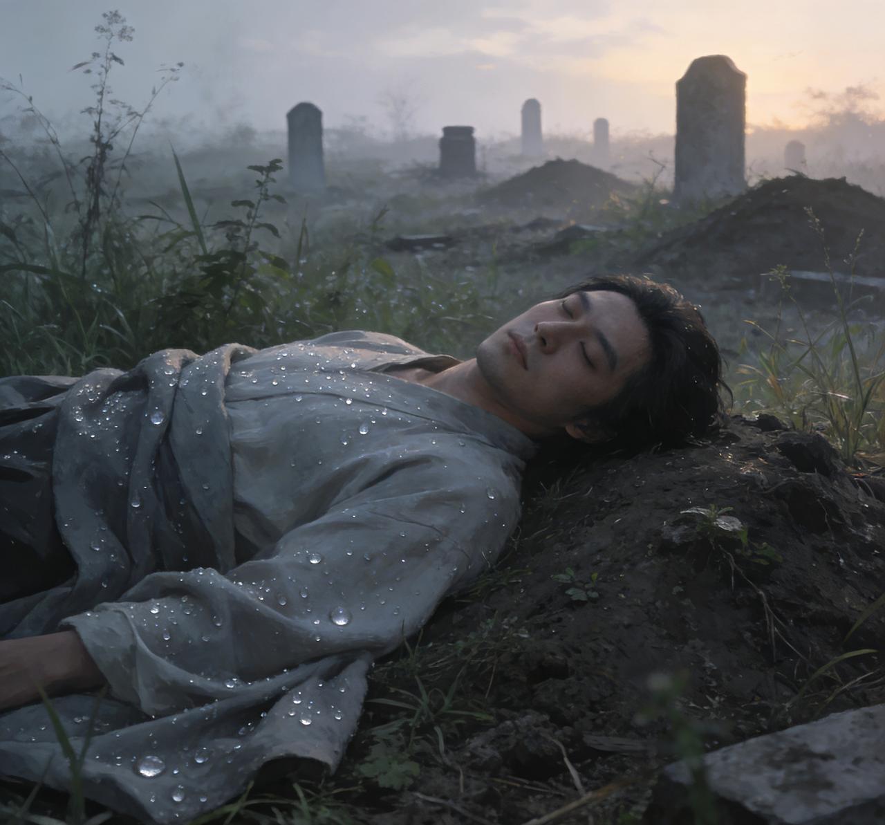 天亮时，陆仲敏觉得凉露沾衣，刺鼻的草木气味传来，睁眼细看，却发现宅院楼台全都消失