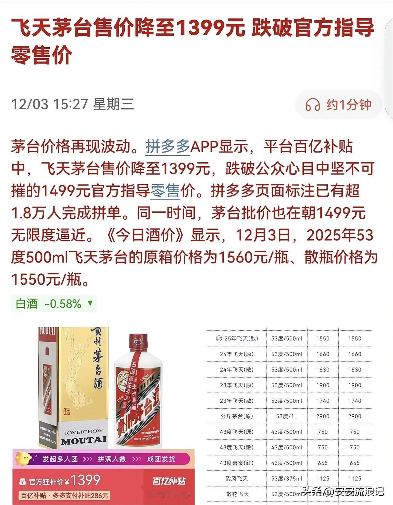 2025年12月，白酒圈大新闻不断！拼多多百亿补贴把53度500ml飞天茅台“3