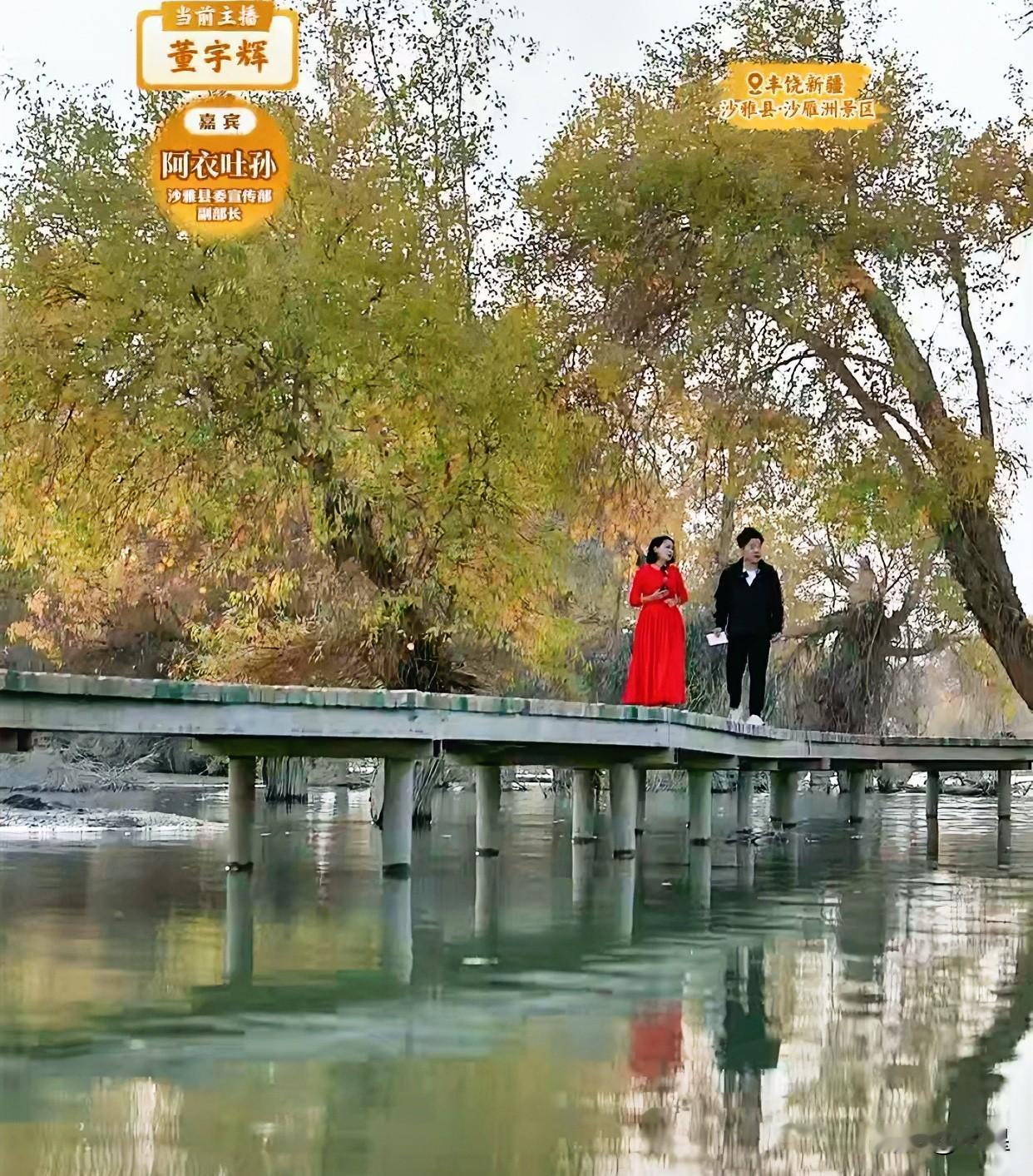 董宇辉新疆行第三天来到沙雅
嘉宾阿依吐孙老师在一片胡杨林中
身着一袭红衣款款走来