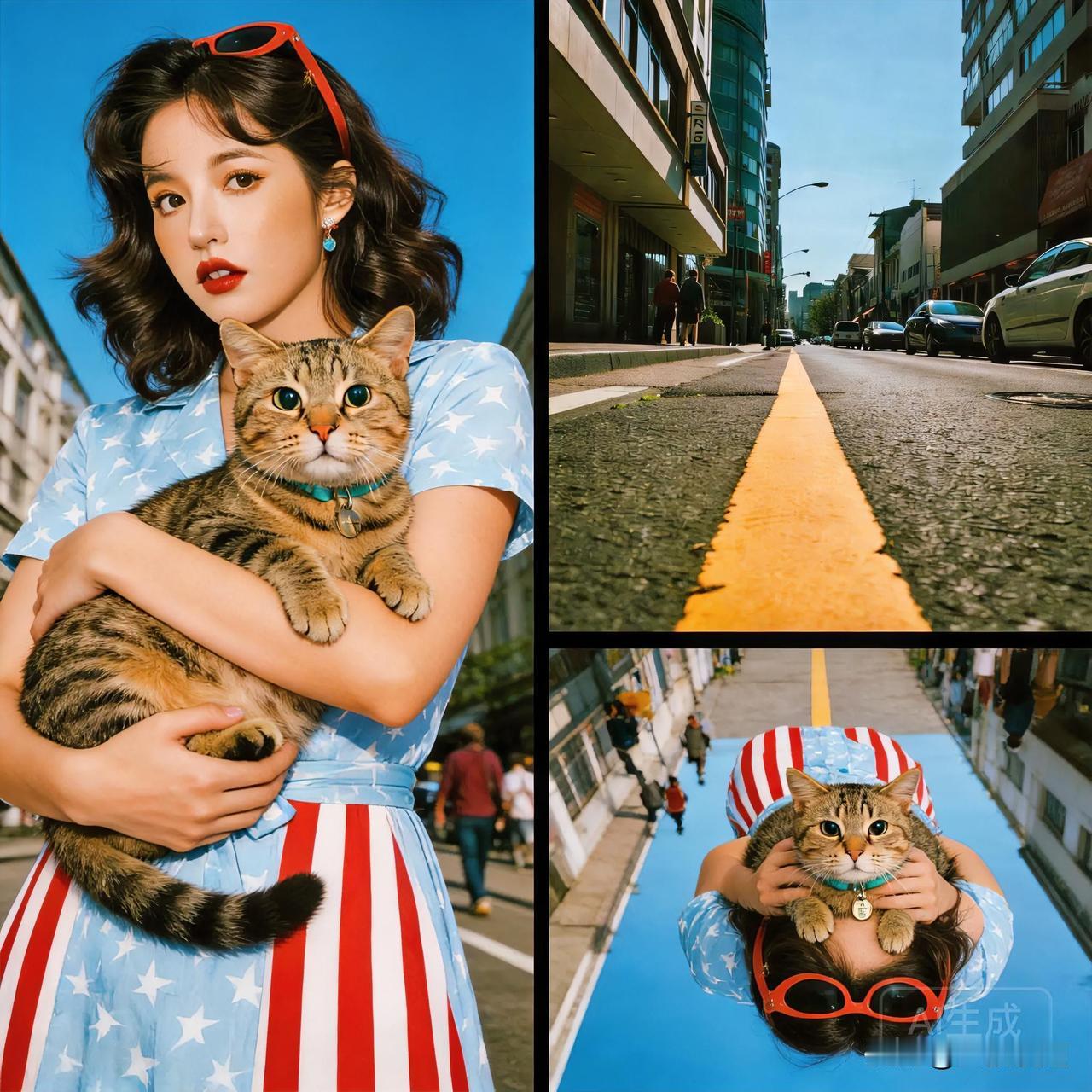 夏日街头穿搭指南：红蓝撞色，猫儿相伴，活力满满！🌞🐱👗