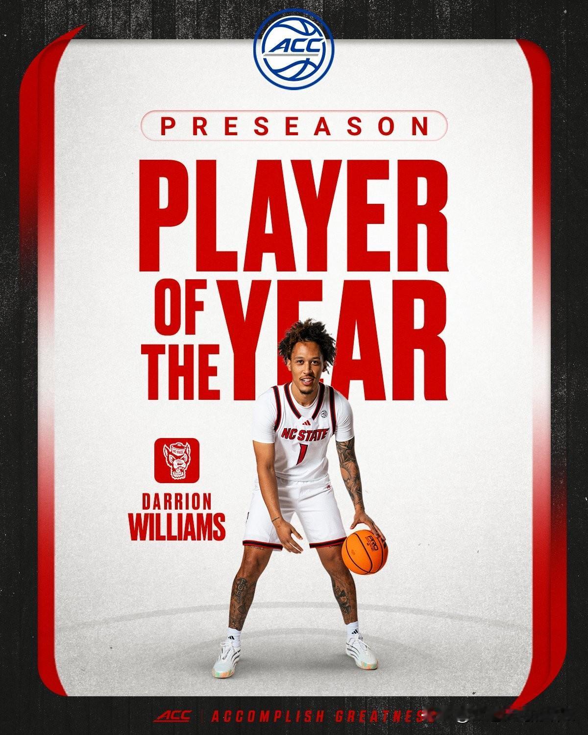 北卡州立Darrion Williams被预测是ACC联盟最佳球员，杜克大学Ca