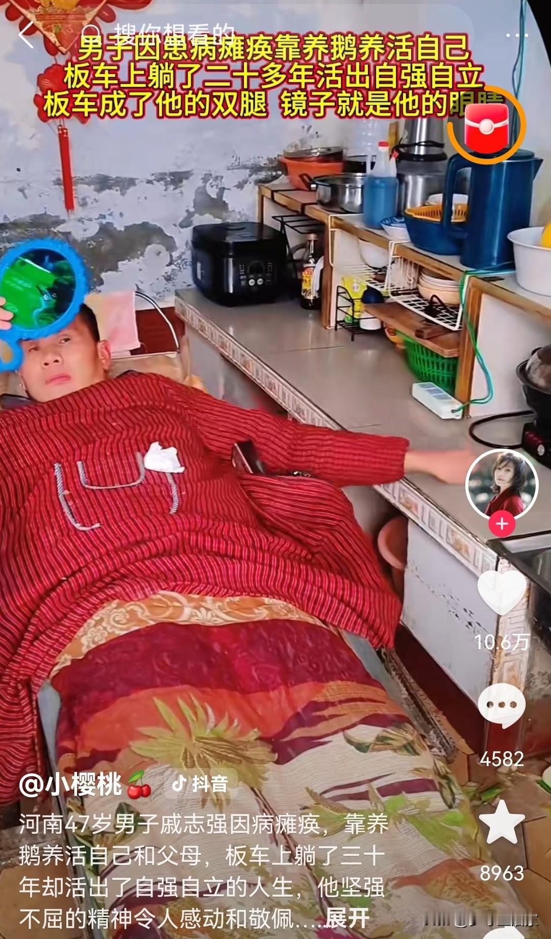 板车为腿，镜子作眼，河南47岁的成志强瘫痪二十余年，却靠着养鹅撑起自己和父母的生