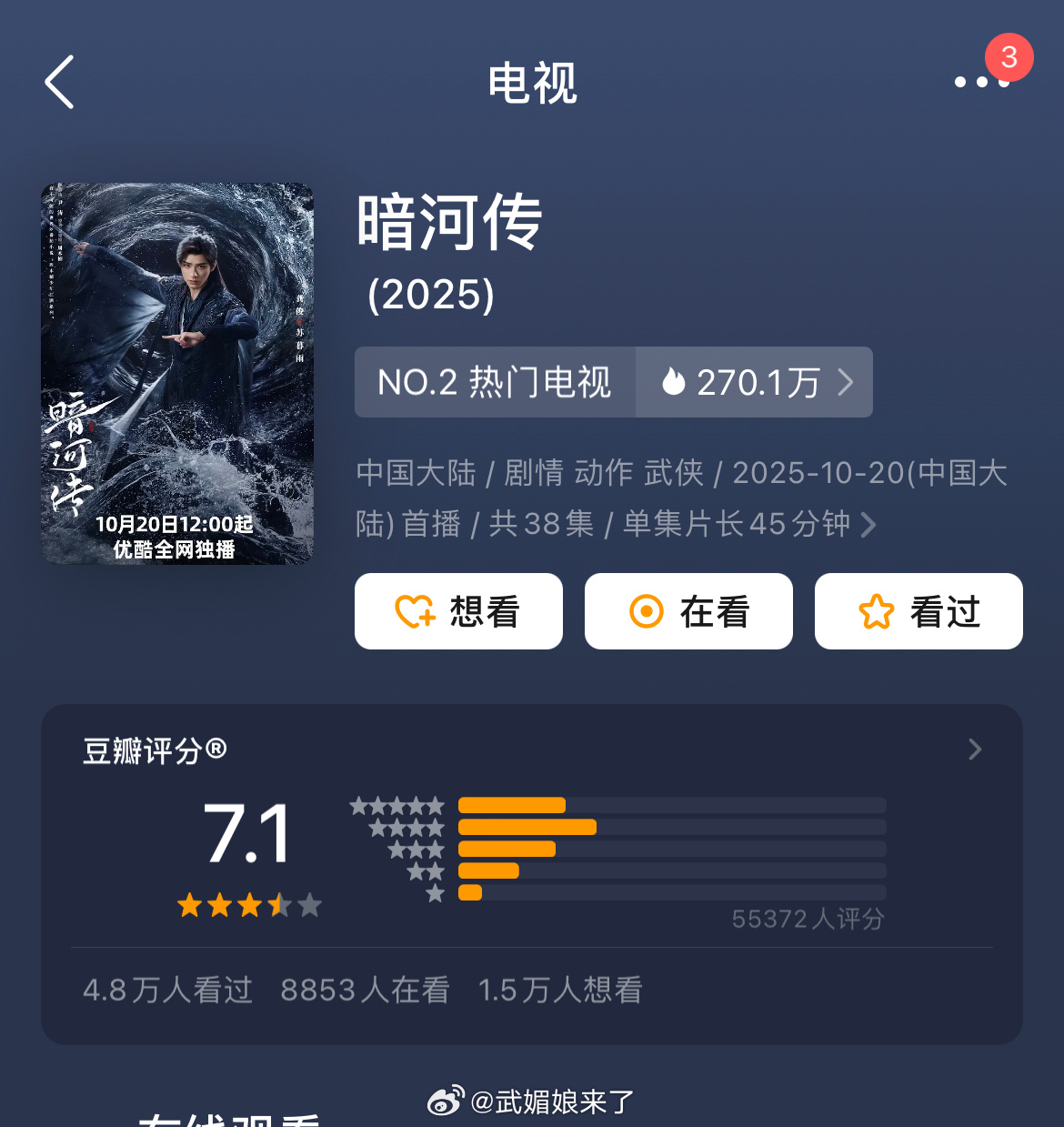 龚俊《暗河传》豆瓣开分7.1，打分人数5.5W➕，分型看着很不错，这分数怎么样？