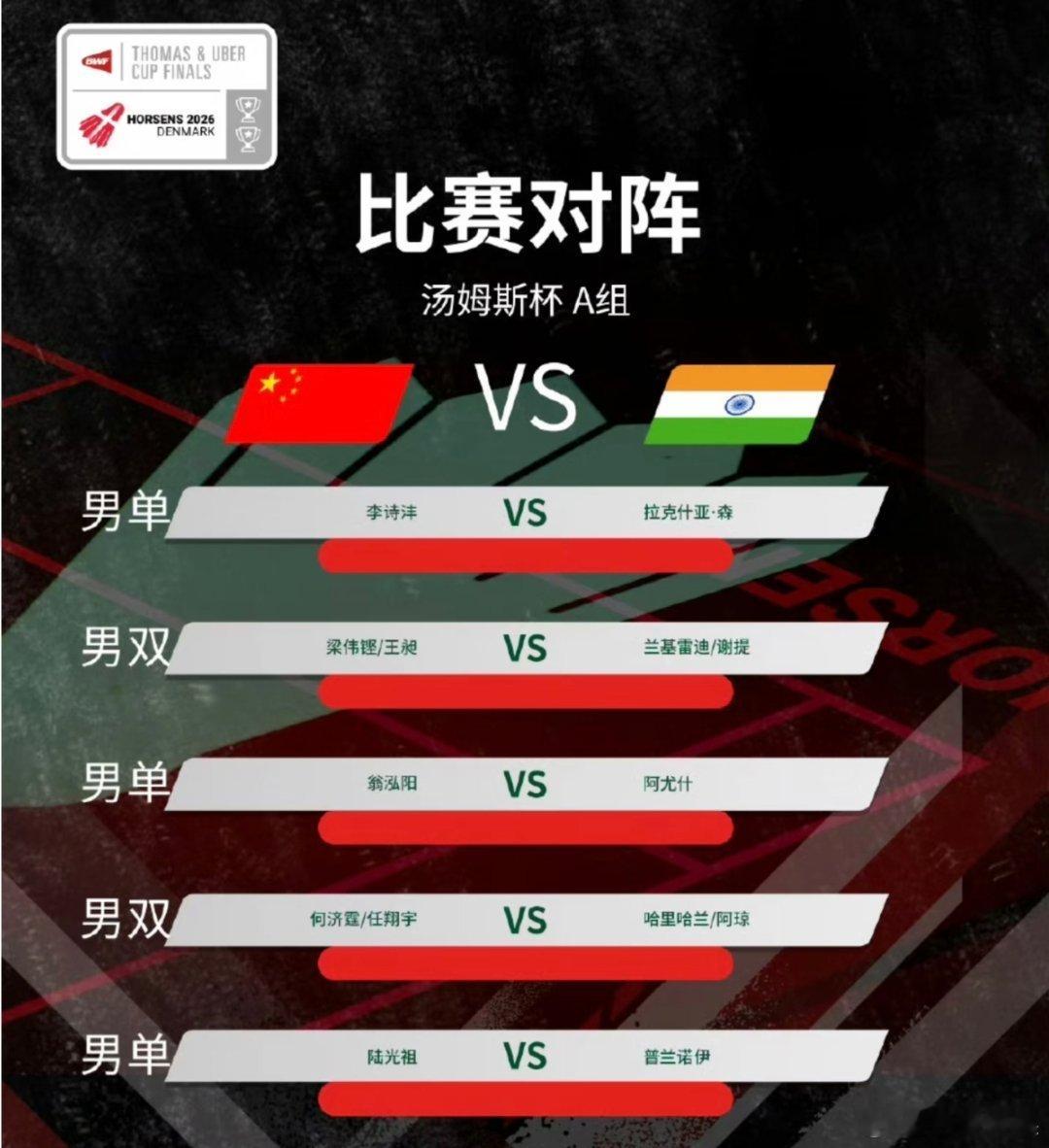 汤杯国羽vs印度1号场地【汤杯A组：中国🇨🇳 vs 🇮🇳印度】一单：李诗