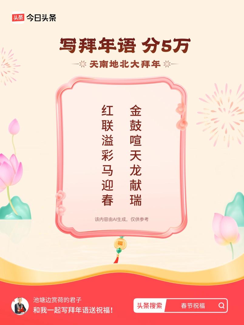 写拜年语送祝福新春拜年送祝福！我的祝福是：“红联溢彩马迎春，金鼓喧天龙献瑞”！快
