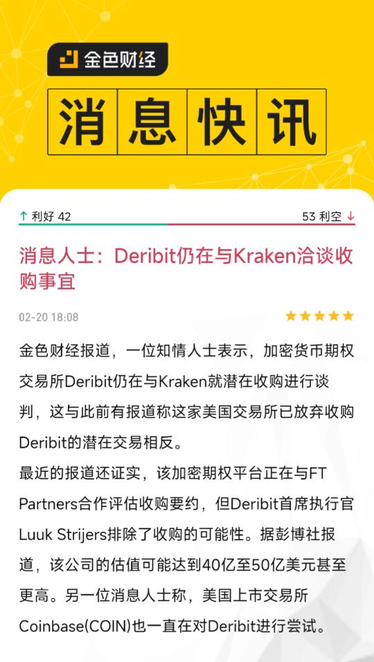 金色财经报道，一位知情人士表示，加密货币期权交易所Deribit仍在与...