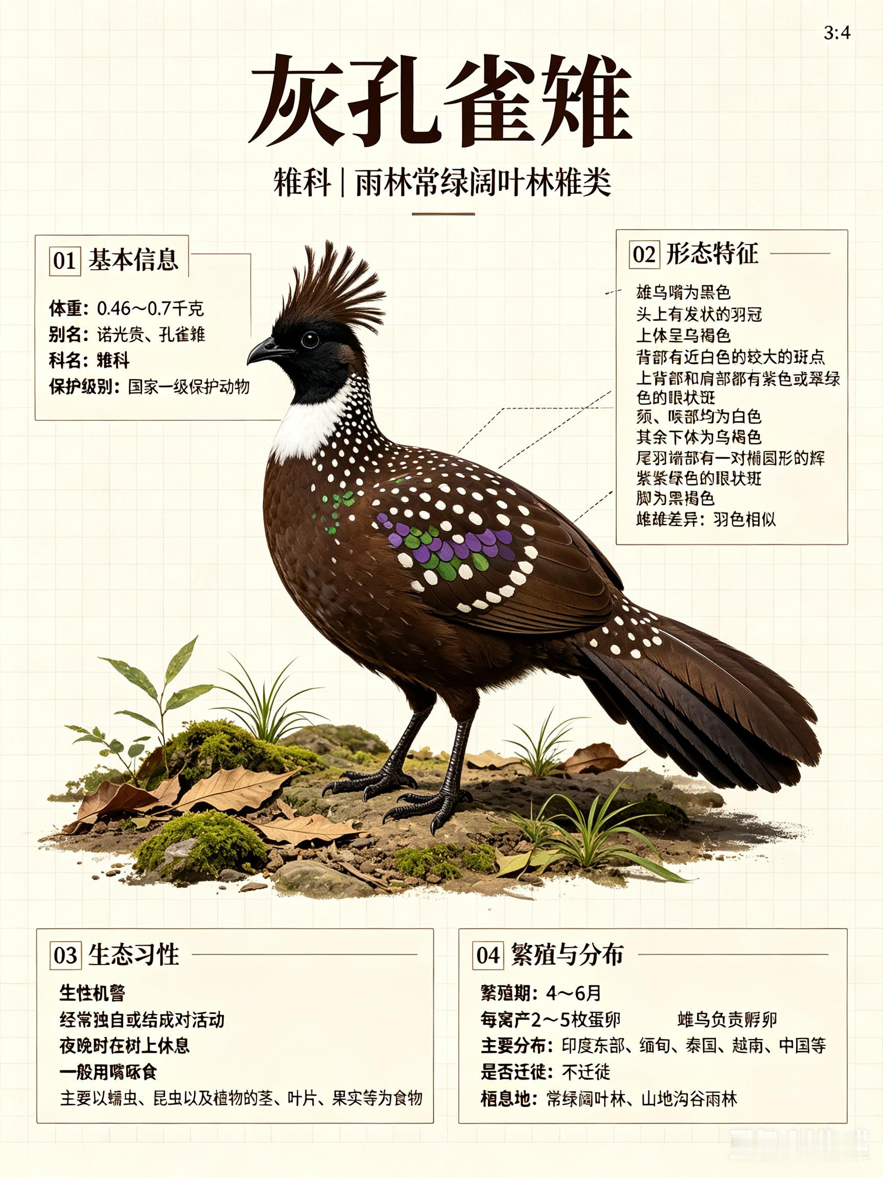 鸟类朋友图鉴 灰孔雀雉科名：雉科体重：0.46～0.7千克别名：诺光贵、孔雀雉孔