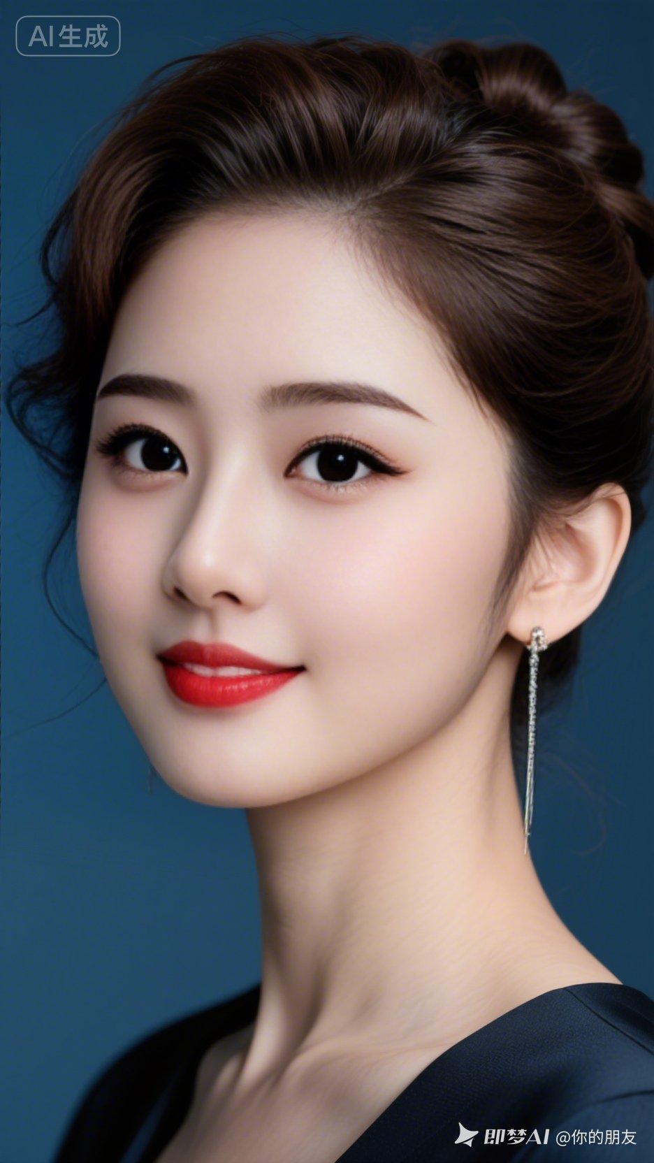 美女棕黑色微卷头发盘起，大眼双眼皮高鼻梁，肌肤白皙透亮。身着时尚品牌服饰，搭配线