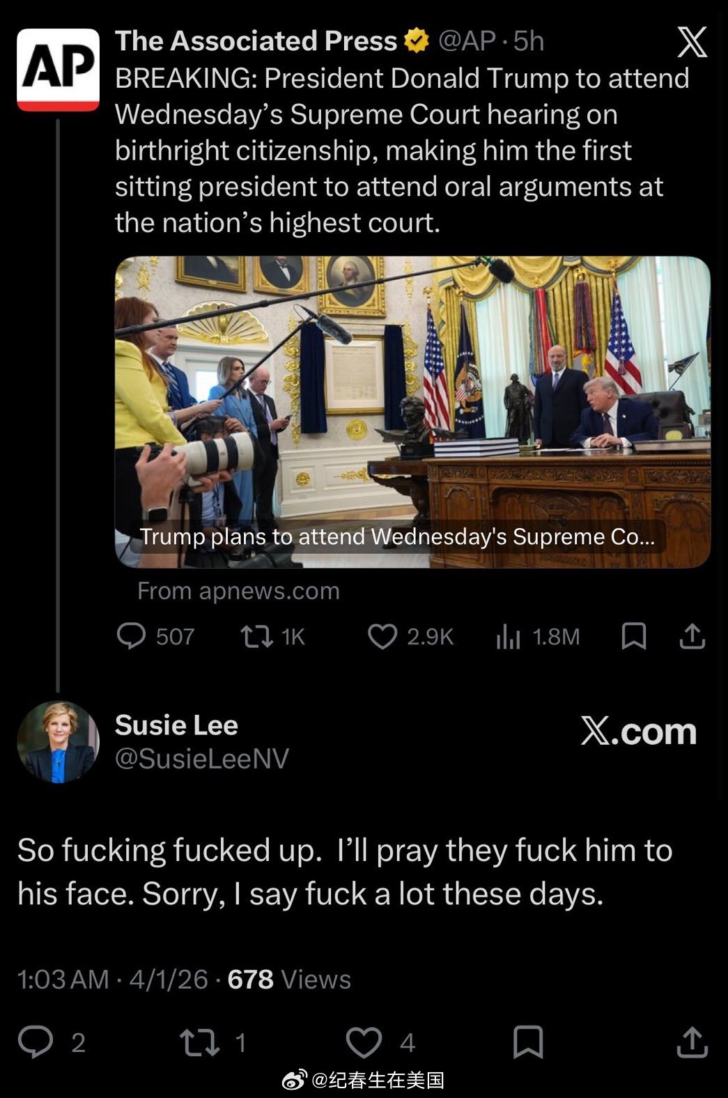 内华达州民主党议员Susie Lee昨晚在川普要去高院听“出生公民权”口头辩论的