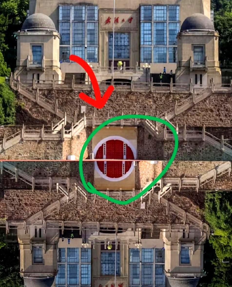 武大行政楼被“倒着看”了，一张翻转拼接图让红色拱门秒变“不可描述”，热搜直接炸锅
