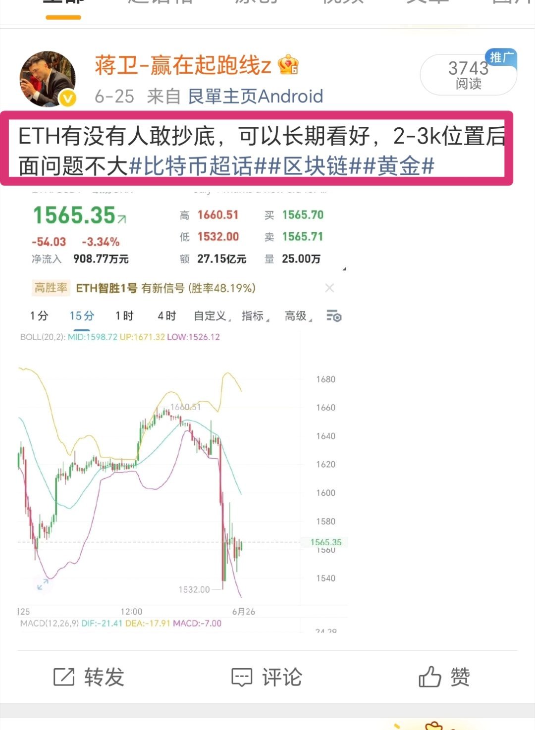 大家还记得6月份，我说以太抄底吗？现在已经开始🈶60点空间，后期看好大涨财经﻿
