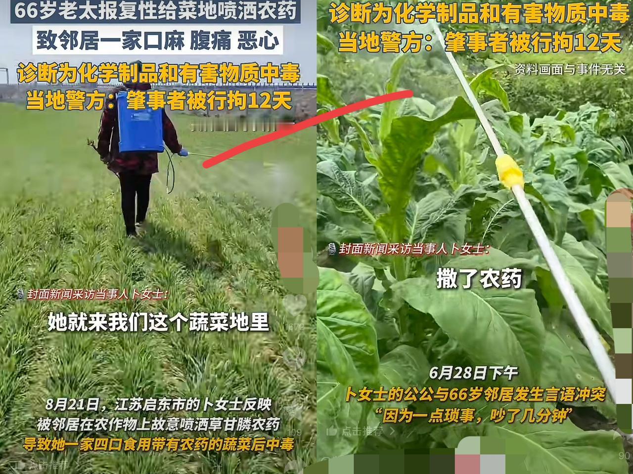 判得还是太轻了！近日，江苏启东，因为琐事，66岁老太和邻居一家闹矛盾，于是她趁邻