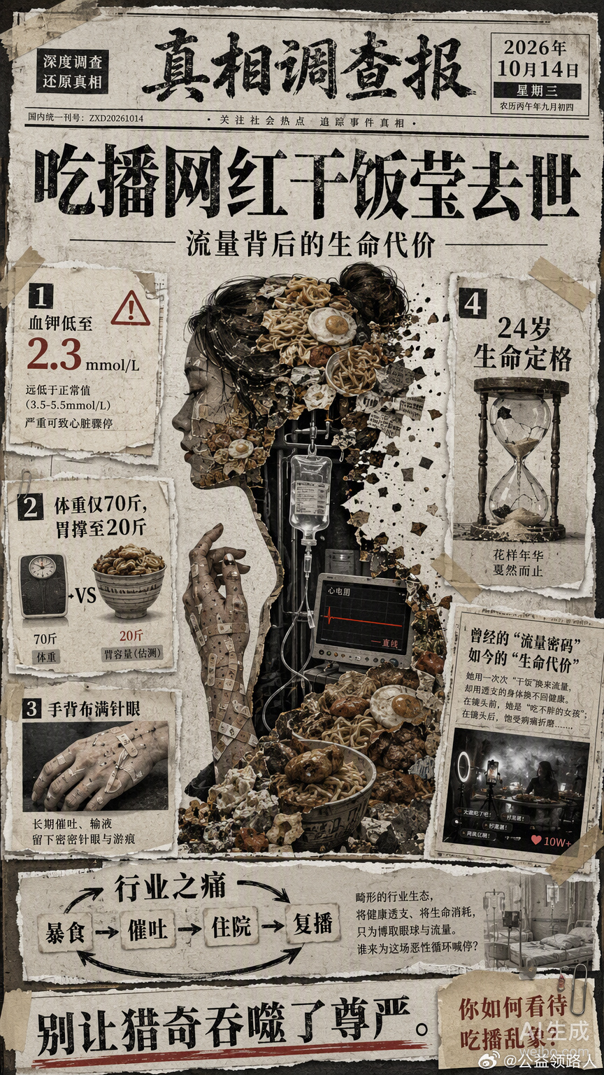 24岁的生命，定格在了一堆吃剩的皮蛋和满手的针眼上。干饭莹走了，血钾低到2.3，